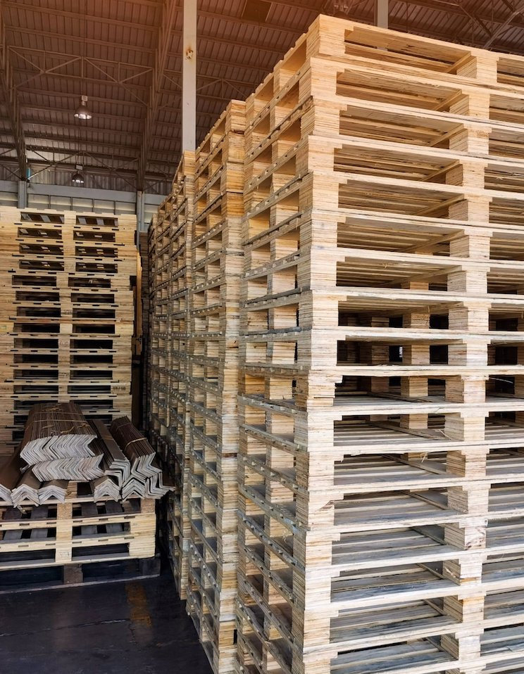 Wooden pallets stack in warehouse cargo storage, shipment in logistics and transportation industrial, wood pallets heap, delivery service