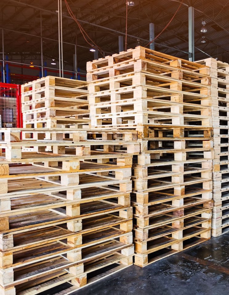 Worker driving forklift to loading wooden pallets from truck to warehouse cargo storage, shipment in logistics and transportation industrial, wood pallets stack, delivery service